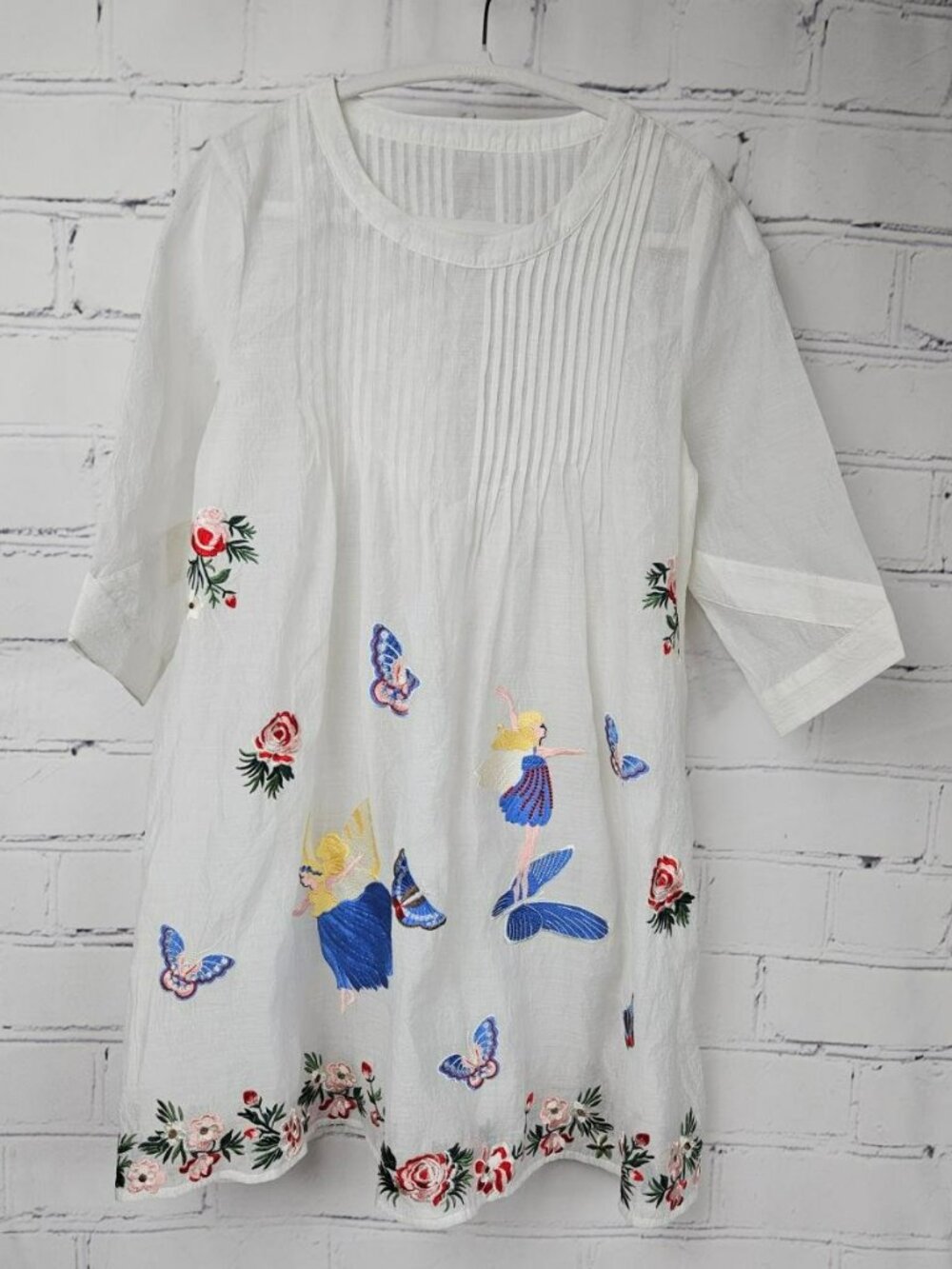 Embroidered Fairy & Butterfly Tunic Top Mini Dress White Cotton Blend Sheer